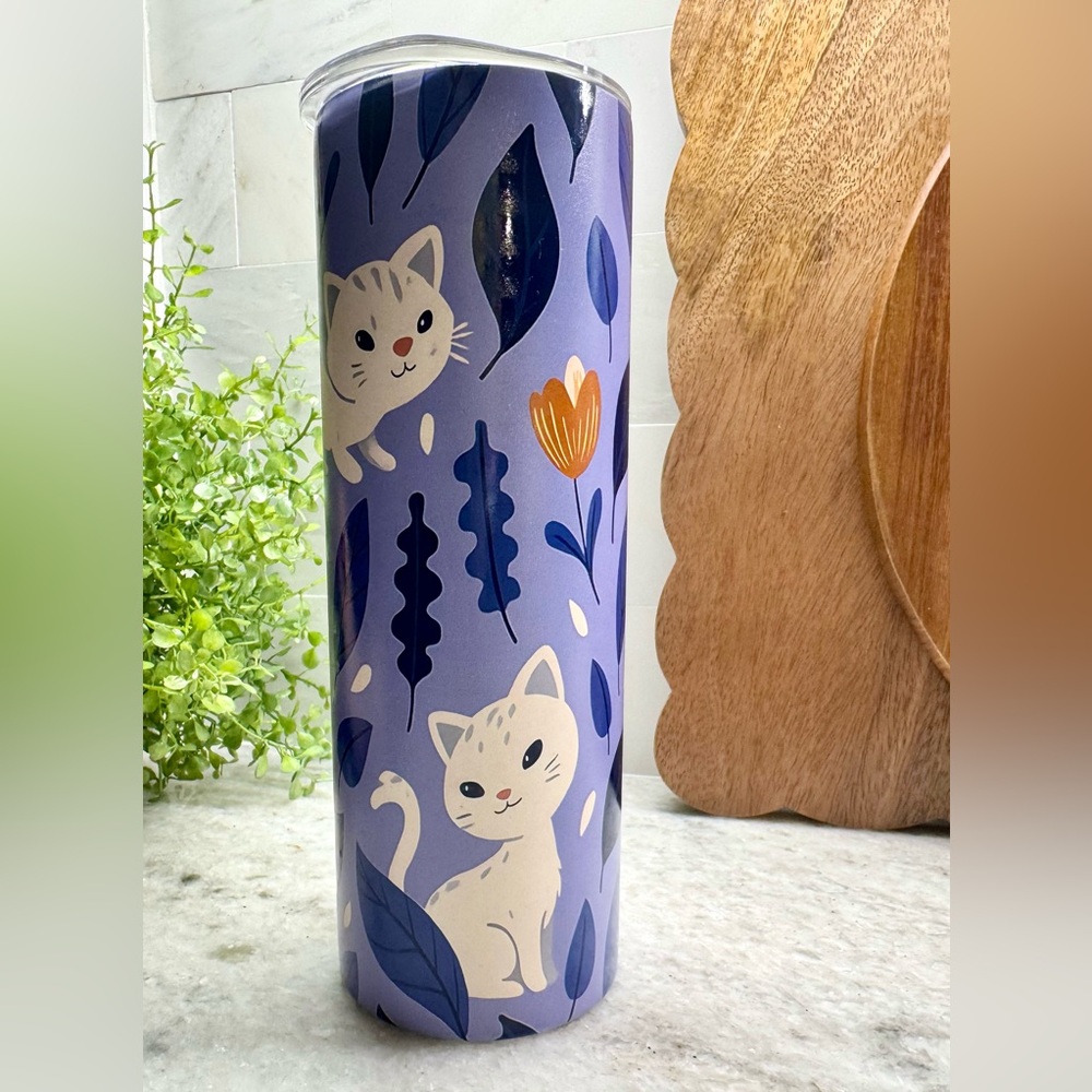 New White Cat w/ Flowers Purple Stainless Steel Metal Travel Cup Tumbler - 20oz - Picture 3 of 9